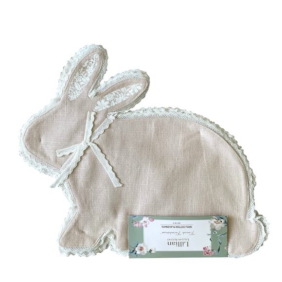 Lillian August Tan Bunny Shaped Placemats 17in Set of 4 Lace Accents NEW - Picture 5 of 10